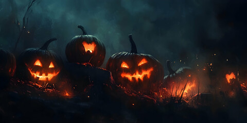 Obraz premium Halloween pumpkins on dark, eerie background with spooky vibes. high quality image