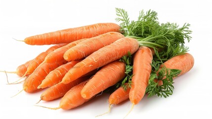 An intricate photograph of a bunch of fresh carrots stands out against a white background, Generative AI.