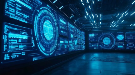 Obraz premium Technological Advancements in American Manufacturing - Detailed View of Factory Control Room with Production Data Monitors