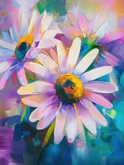 Abstract oil painting of daisies in vibrant colors.