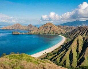 Naklejka premium Komodo National Park’s Dramatic Landscape, with Rolling Hills, Turquoise Waters, and the Famous Komodo Dragons Roaming Free in One of Indonesia’s Most Pristine Natural Environments