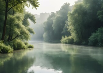 Fototapeta premium Serene Riverine Tapestry: A Misty Emerald Oasis