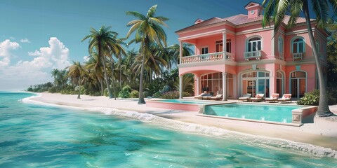 Fototapeta premium Beachfront Three-Story Luxurious Pink Villa with Pool and Palm Trees, Generative AI.