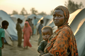 A woman cradles her child close as they stand in a refugee camp at sunset. Tents and other displaced people are visible in the background, highlighting their struggles.