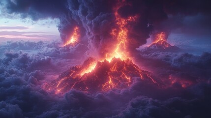 Fototapeta premium A dramatic aerial view of a volcano erupting, with a plume of ash and smoke billowing into the sky.