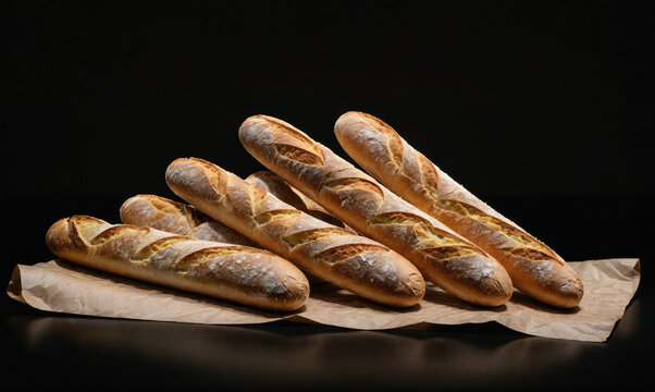 Five crusty baguettes are stacked on brown paper, photographed against a black background