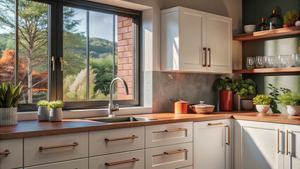 fragment of the model wall in a white minimalist interior of a home kitchen with a kitchen cabinet, a window