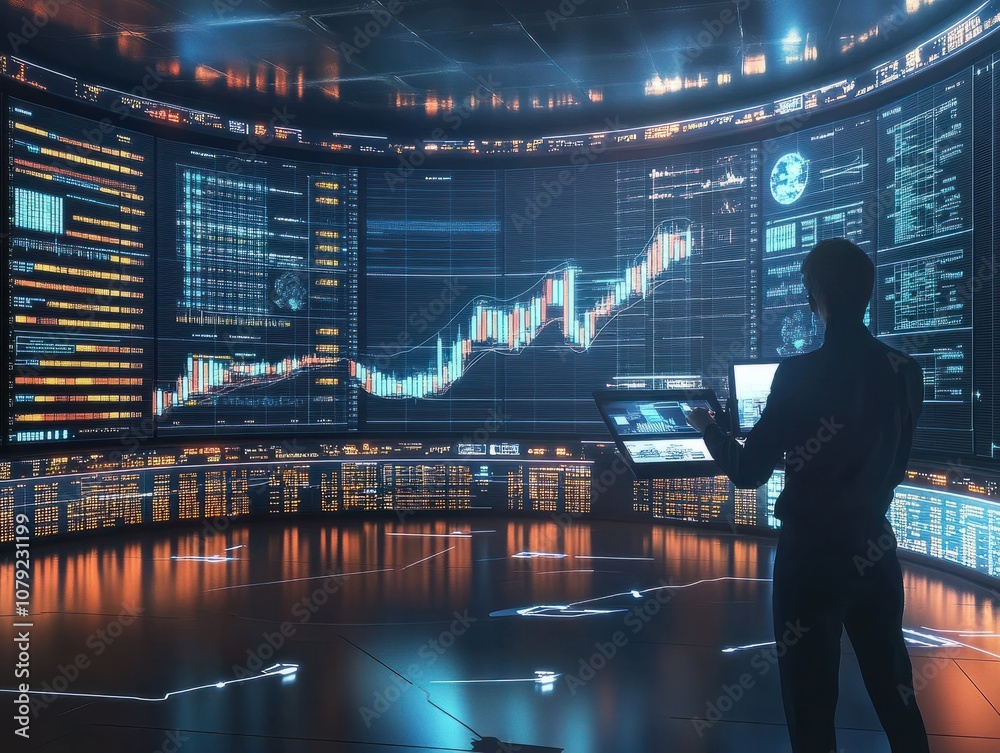 Poster trader analyzing data on virtual screen.price graph and indicator. stock market invest and crypto cu
