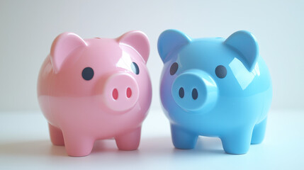 A pink piggy bank and a blue piggy bank sit together on a smooth surface, showcasing their bright colors and adorable designs