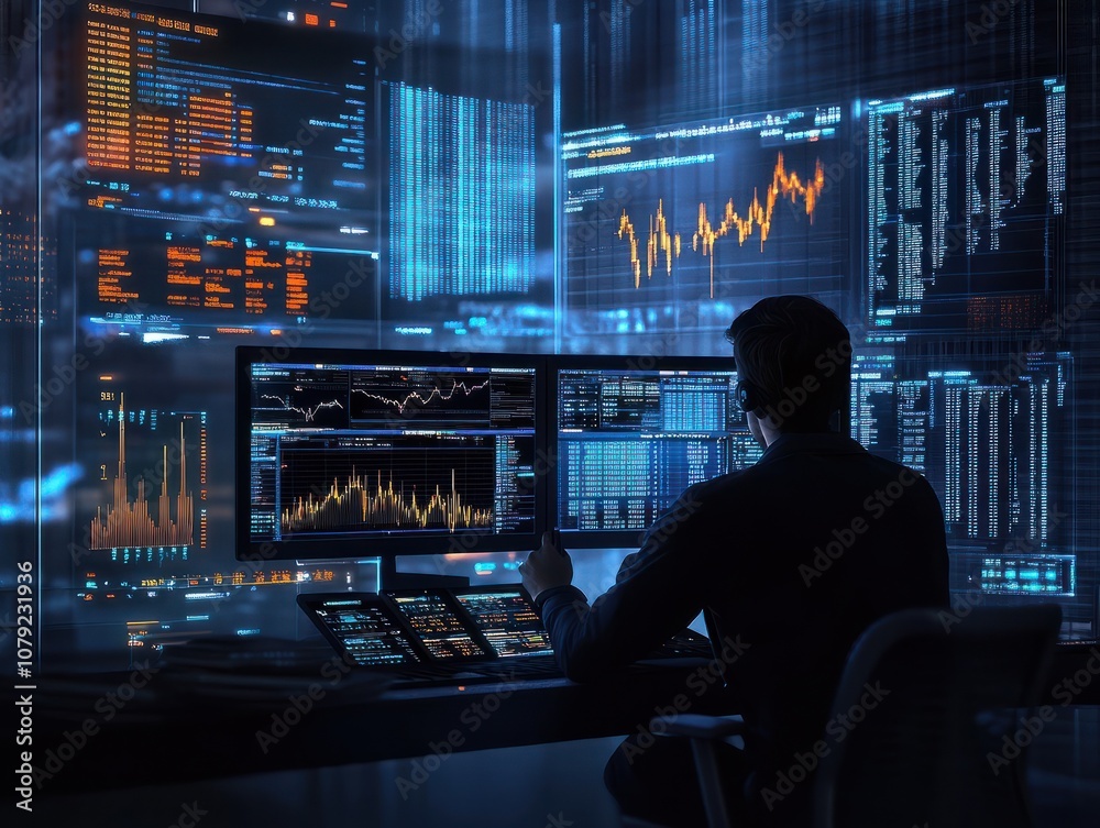 Poster trader checking stock market graph data on screen