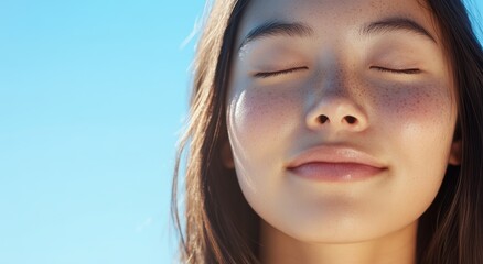 Fototapeta premium 青空の下でリラックスしながら微笑む若い女性のポートレート