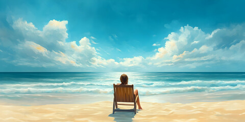 Woman sitting on a beach chair facing the ocean, enjoying peaceful moments by the sea. 4k image