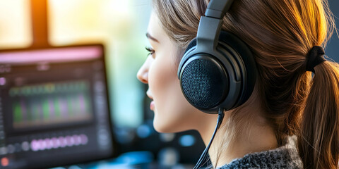 Woman with headphones hosting a podcast at home studio, creating engaging content. 4k image