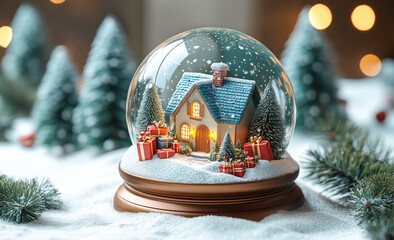 A snow globe with a house and trees in it. The house is blue and the trees are green