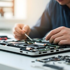 Technician repairing a laptop with tools on the table, captured in hyper-realistic 4K HDR detail. Close-up view of the open laptop, showing the intricate motherboard and components. Keywords: laptop r
