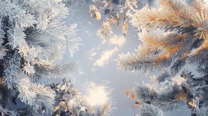 Panoramic banner with Christmas winter background. Pine tree branches covered frost and snow, copy space 
