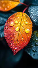 A vibrant autumn leaf displaying a gradient of orange to yellow, glistening with fresh raindrops after a light shower