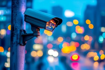 City Surveillance Camera Overlooking Busy Street Bokeh Urban Evening Scene