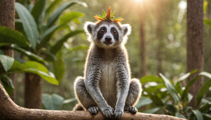 Fototapeta premium A lemur sits on a branch in a lush forest, wearing a crown of leaves