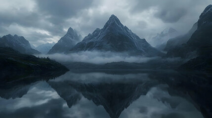 A mountain range reflected in a body of water with dark, cloudy skies creating a moody atmosphere. high quality image