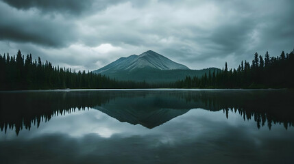 A mountain range reflected in a body of water with dark, cloudy skies creating a moody atmosphere. 4k image