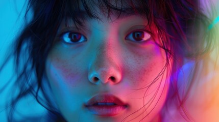 Surrounded by a spectrum of colors, an Asian student's reflective gaze captures the essence of her academic journey