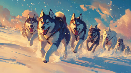 A pack of Huskies running through snow, symbolizing teamwork and adventure in a vibrant winter scene. 4k image