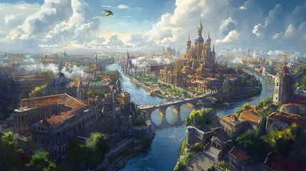 A painting of a city with a river running through it, showcasing urban beauty and natural flow. high quality image