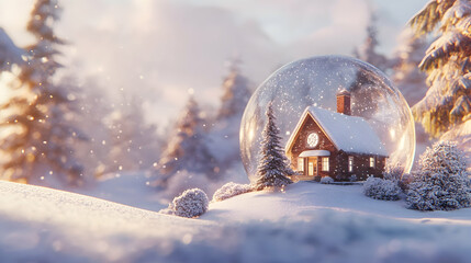 A peaceful snow globe scene with a house and trees inside, evoking winter wonderland vibes . illustration