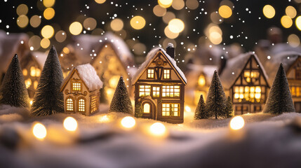 Fototapeta premium Cozy Snowy Village at Night with Christmas Lights