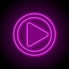 Play button simple icon vector. Flat design. Purple neon on black background