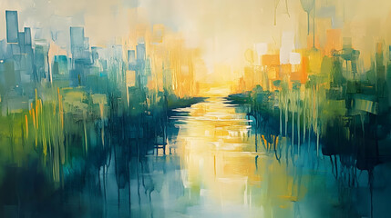 A painting of a city with a river running through it, showcasing urban beauty and natural flow . illustration