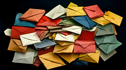 A pile of colorful envelopes arranged on a black background, showcasing variety and creativity. high quality image