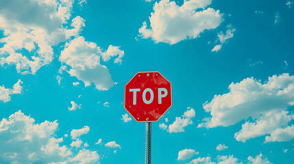 A red stop sign against a bright blue sky with fluffy clouds, emphasizing road safety. 4k image