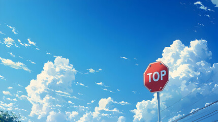 A red stop sign against a bright blue sky with fluffy clouds, emphasizing road safety . illustration