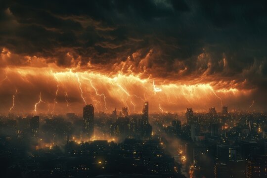 stormy cityscape, sinister storm clouds loom over city buildings, crackling with lightning in a dramatic prelude to an impending deluge