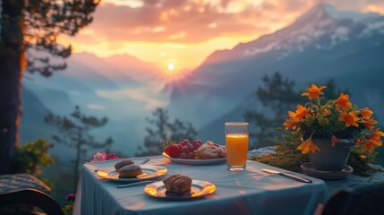 Fototapeta premium A breakfast table set for two with pastries, fruit, and orange juice on a balcony overlooking a mountain valley at sunrise.