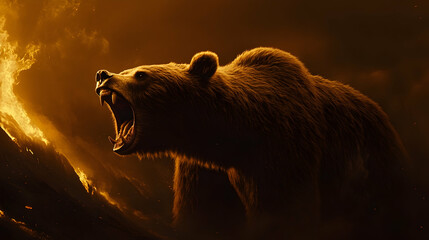 A roaring brown bear illuminated by golden light, showcasing wild beauty in a dramatic setting . illustration