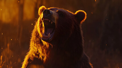 A roaring brown bear illuminated by golden light, showcasing wild beauty in a dramatic setting. high quality image