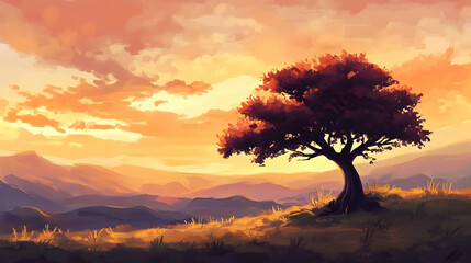 A serene landscape with a tree in the foreground and a sunset in the background, creating a peaceful ambiance. high quality image