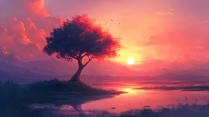 A serene landscape with a tree in the foreground and a sunset in the background, creating a peaceful ambiance. 4k image
