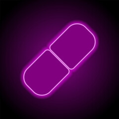 Pill simple icon vector. Flat design. Purple neon on black background