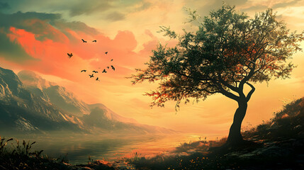A serene landscape with a tree in the foreground and a sunset in the background, creating a peaceful ambiance . illustration