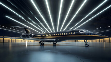 A sleek airplane parked in a spacious hangar, illuminated by bright overhead lights, showcasing aviation design . illustration