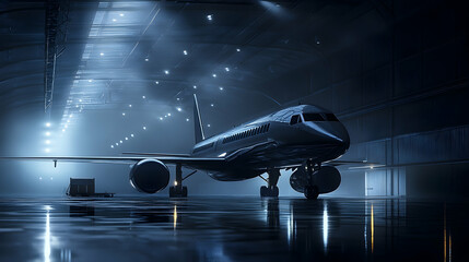 A sleek airplane parked in a spacious hangar, illuminated by bright overhead lights, showcasing aviation design. high quality image