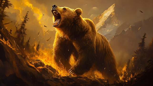 A roaring brown bear illuminated by golden light, showcasing wild beauty in a dramatic setting. 4k image