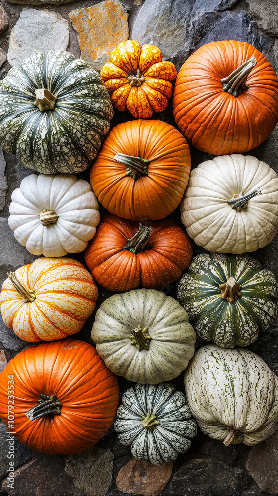 Poster a beautiful array of pumpkins showcasing different colors, shapes, and textures, ideal for autumn-th