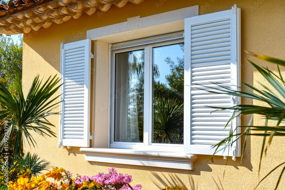 Poster a beautiful white window with open shutters framed by vibrant flowers in a sunlit garden, creating a