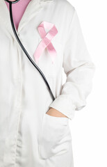 Woman doctor with pink ribbon , Breast cancer concept, vertical shot.