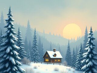 Charming winter storybook scene featuring a cozy cabin surrounded by snow-covered trees at sunrise